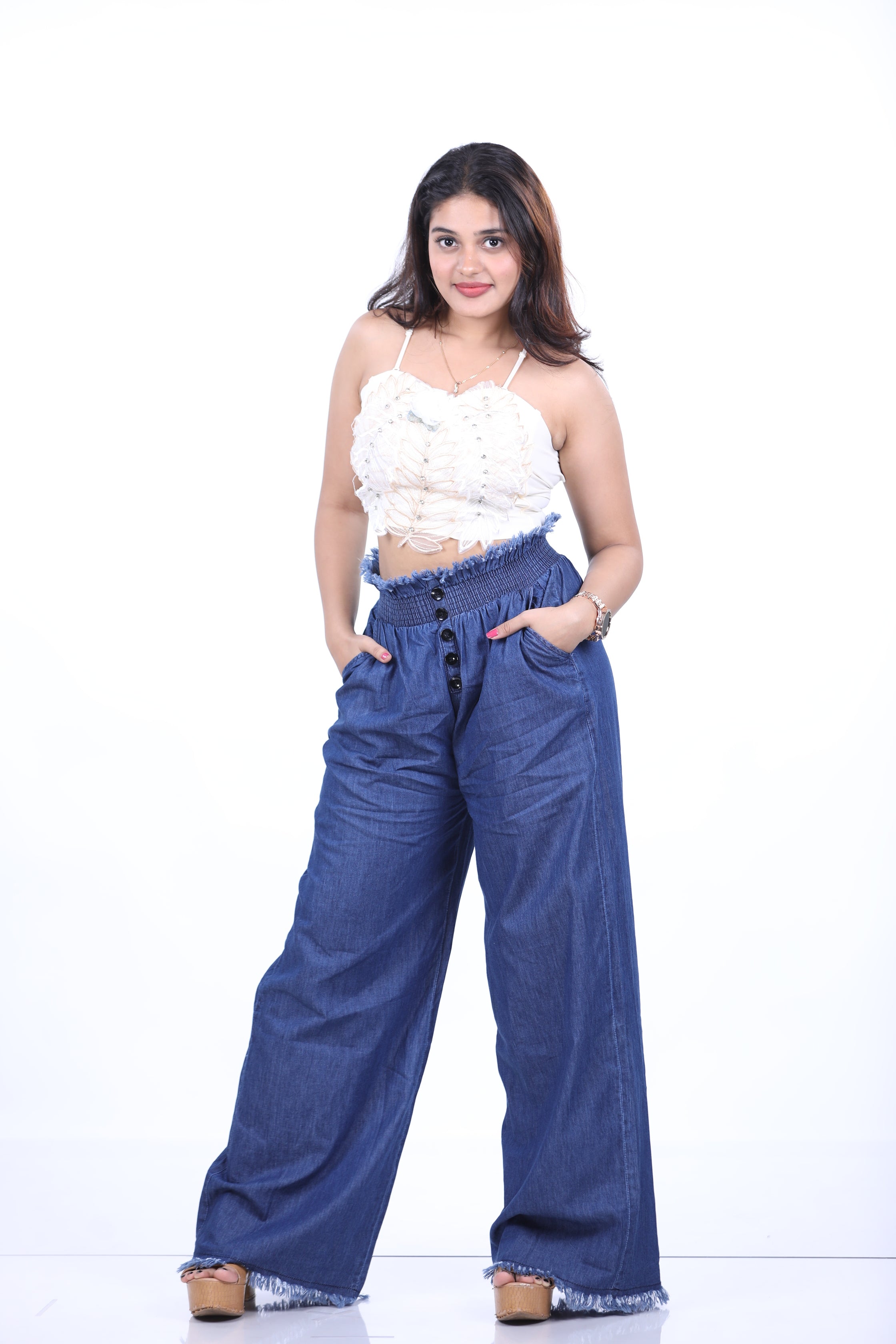 Stylish  Navy Blue 5BUTTON DENIM PLAZO