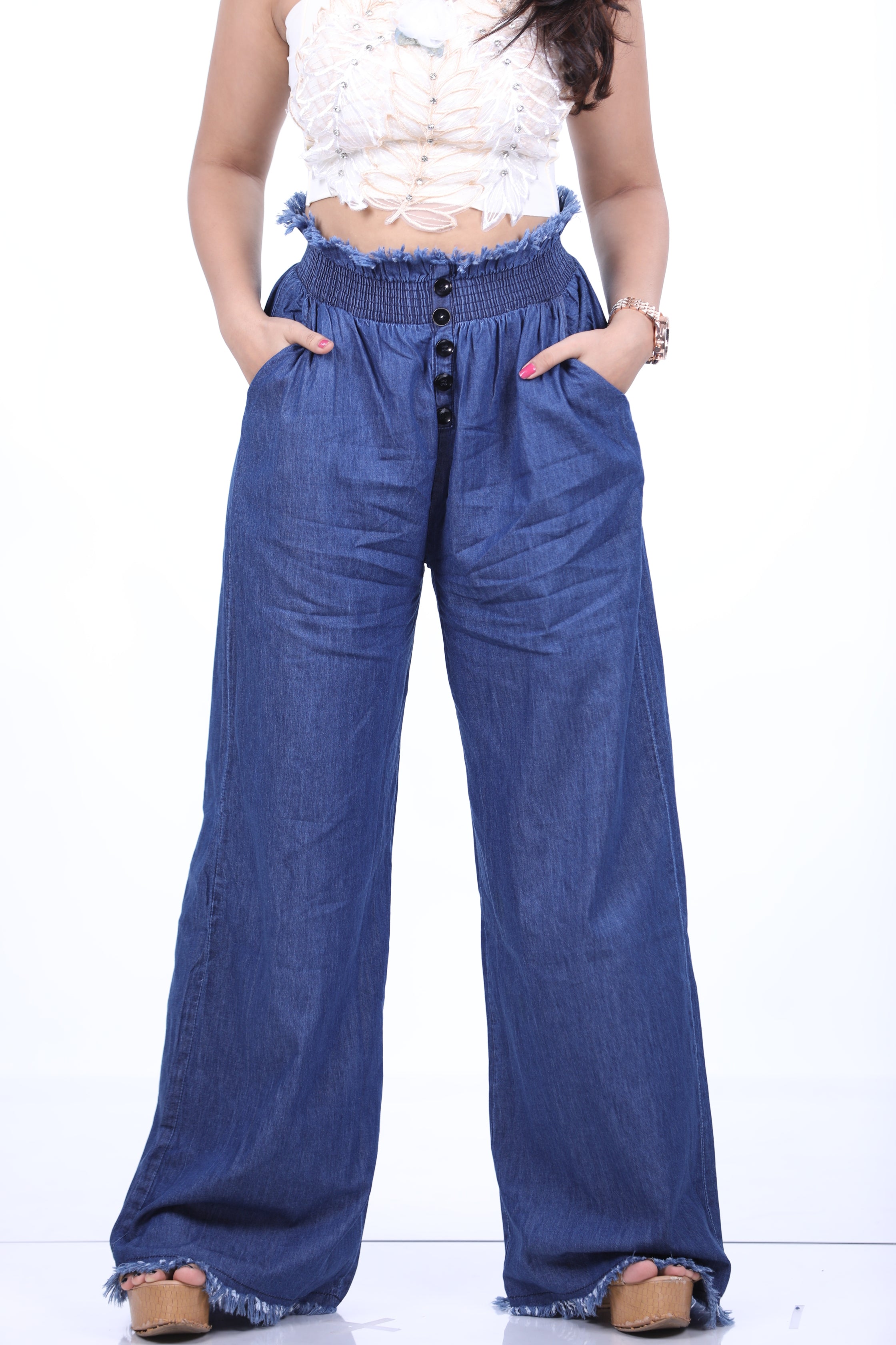 Stylish  Navy Blue 5BUTTON DENIM PLAZO